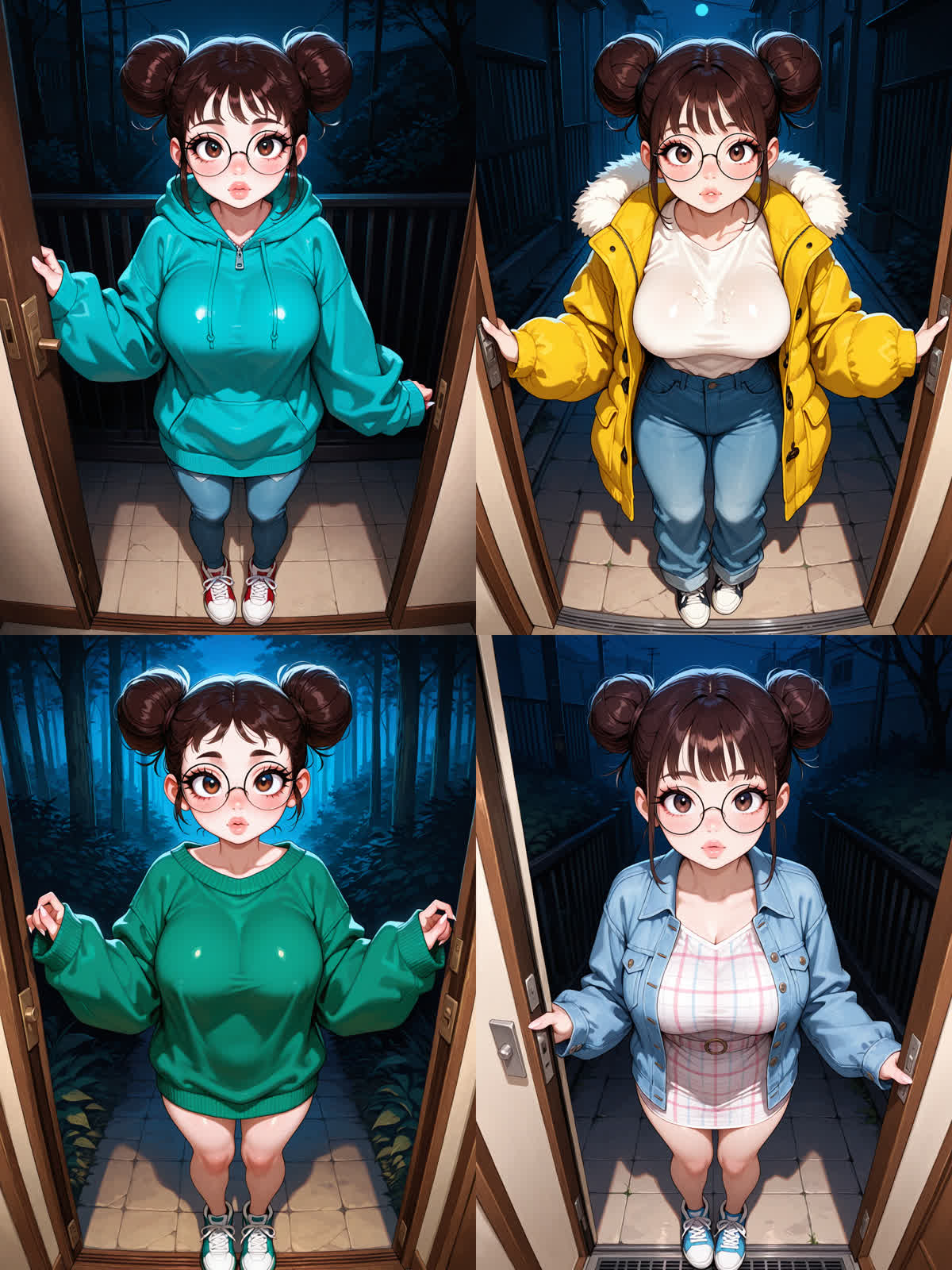 Four renders of the same character in four different outfits: teal hoodie and jeans; a parka over a cream henley; a green sweater dress; plaid under a denim jacket.