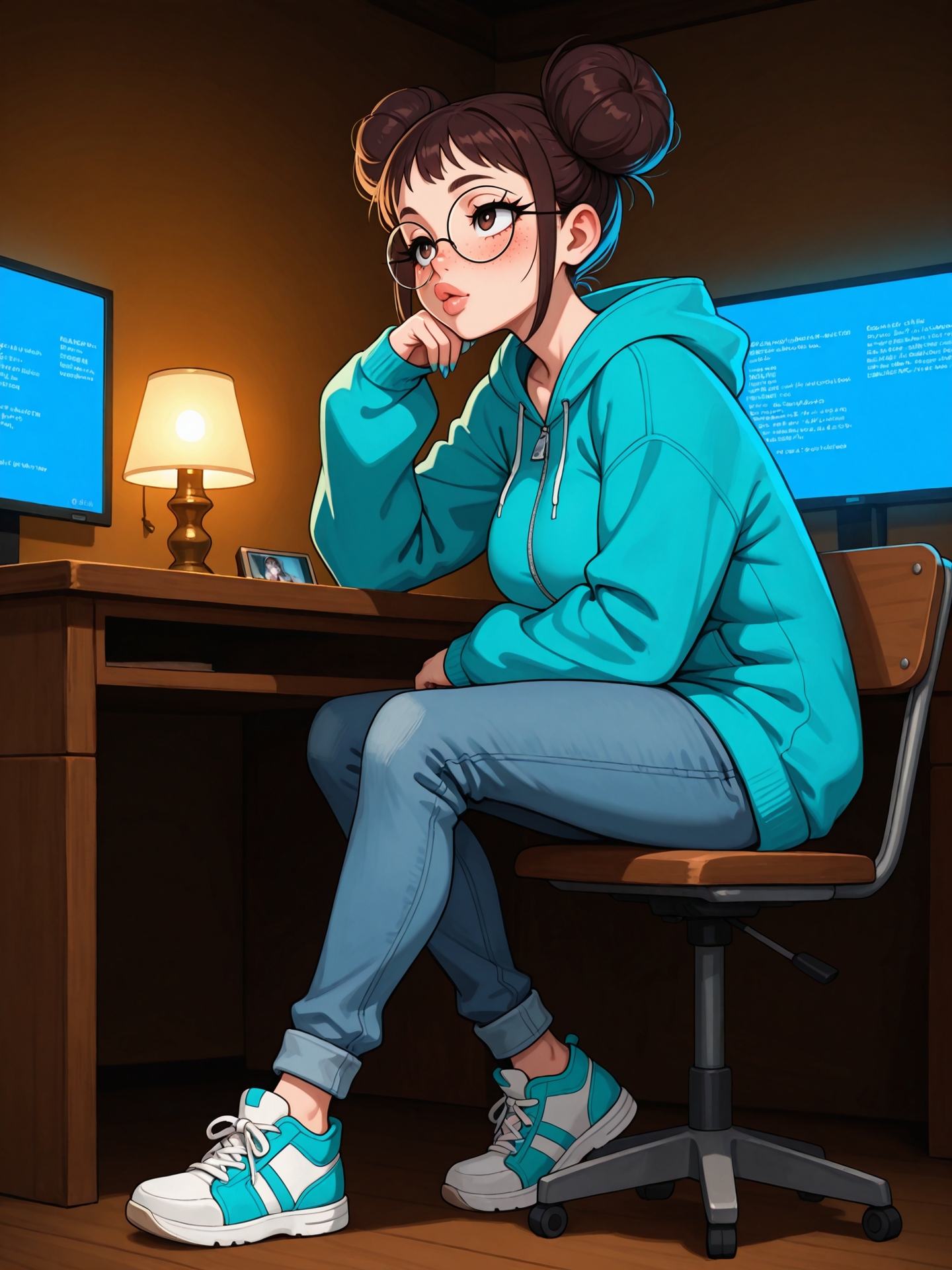 coco at her desk at night, teal hoodie, monitors behind her